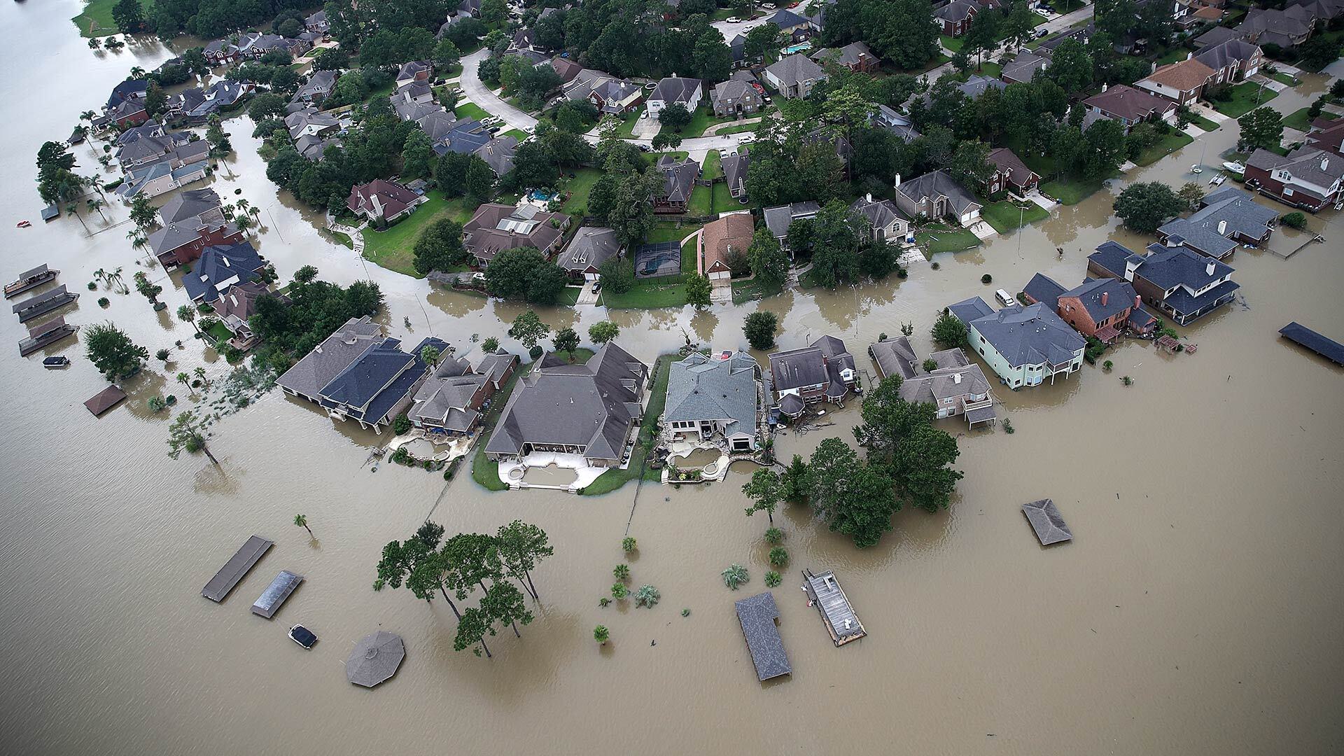 aerial view of flooded homes