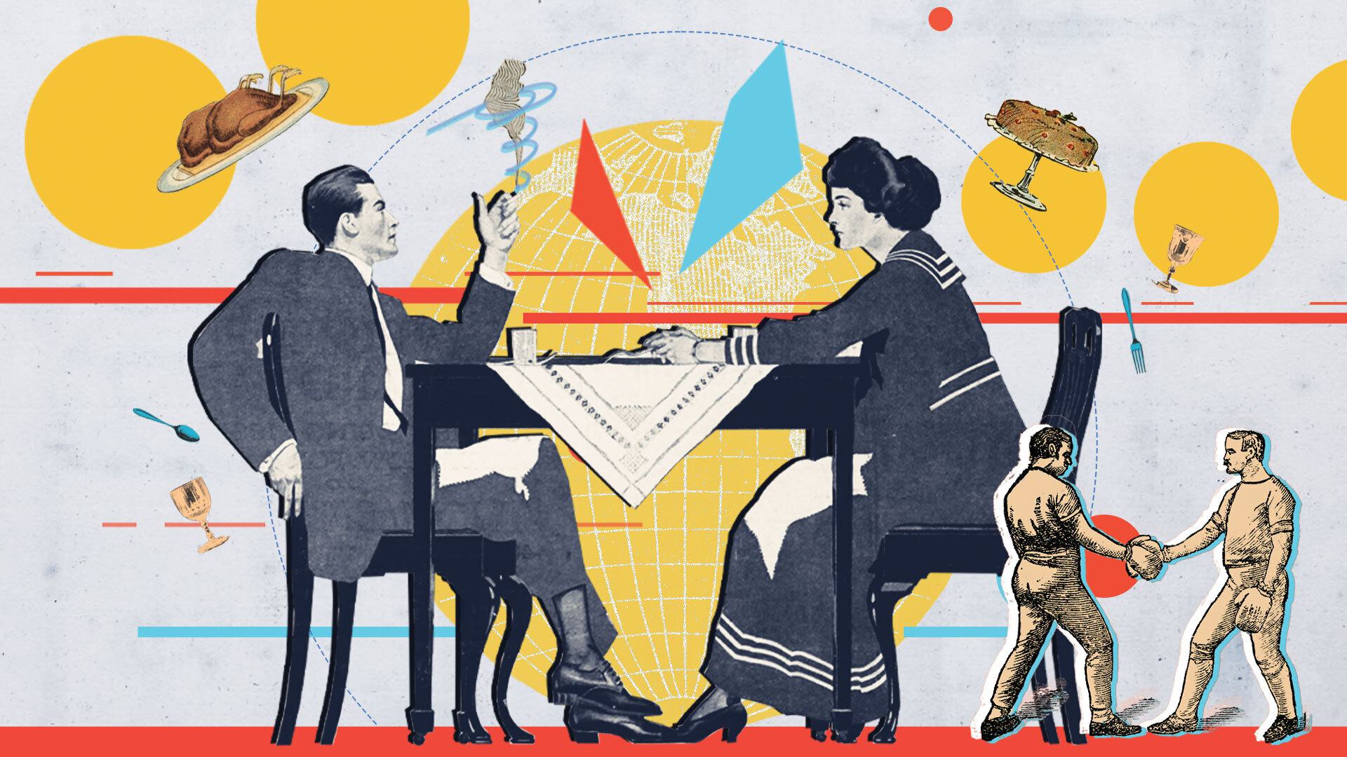 illustration of people talking at table