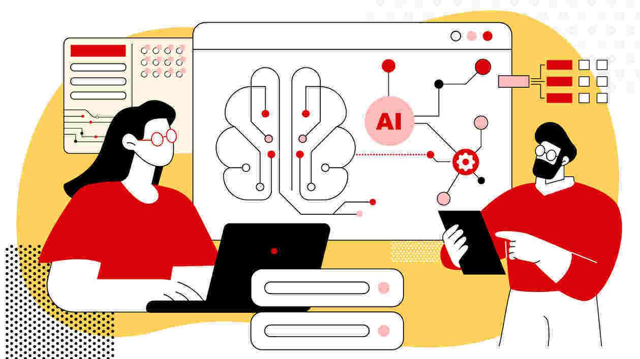 Illustration of people using laptop and tablet with AI