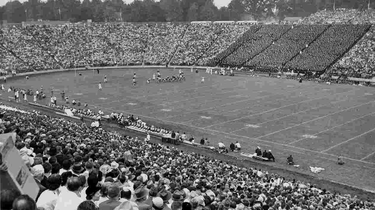 archival photo of football stadium