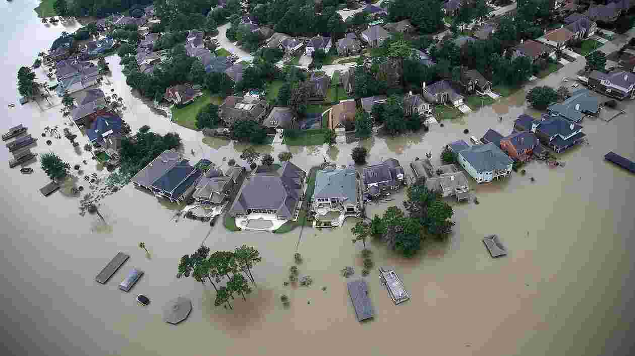 aerial view of flooded homes