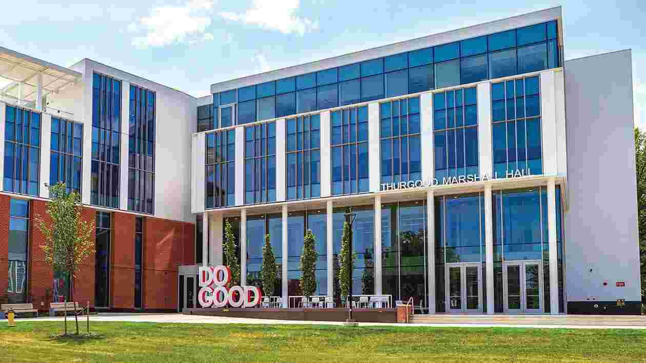 exterior of Thurgood Marshall Hall, with Do Good sculpture in front