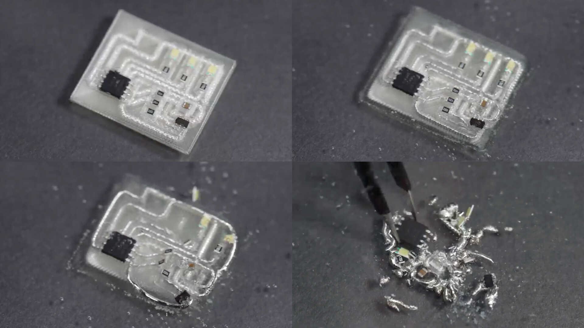 collage of four images showing dissolving circuit board
