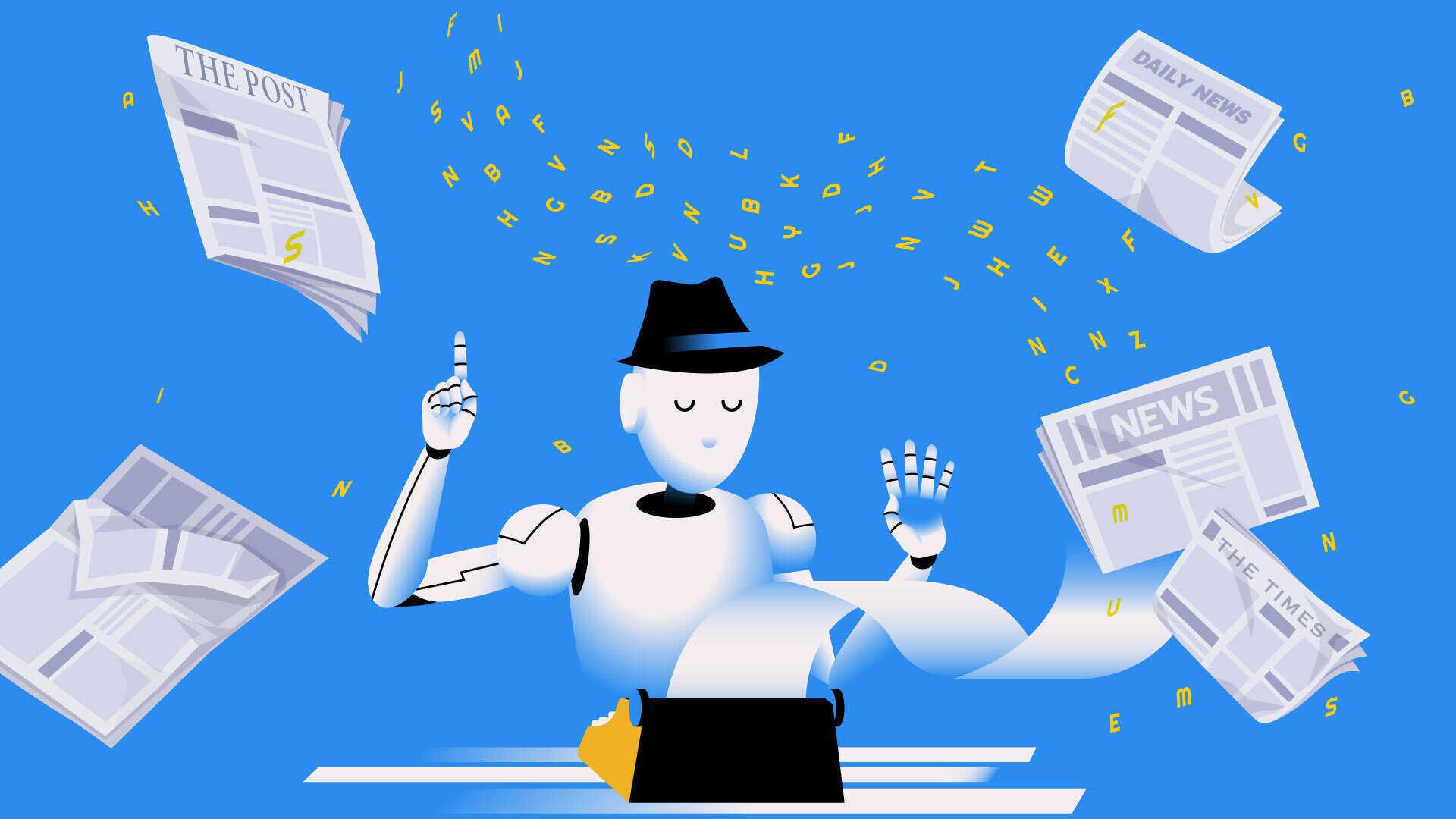 robot wearing black hat and typing on typewriter, with newspapers and letters floating around it