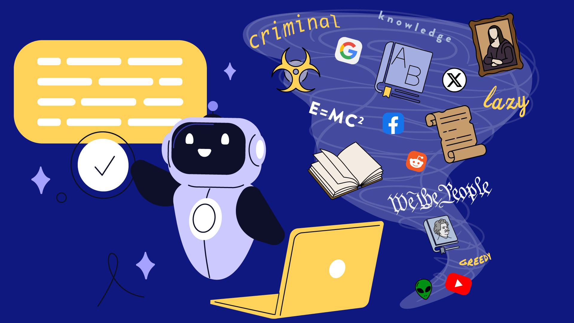 robot next to laptop with tornado of words and info: criminal, knowledge, lazy, E=MC2, We the People, greedy, alien, books, Mona Lisa, and icons for Google, X, Facebook, Reddit and YouTube