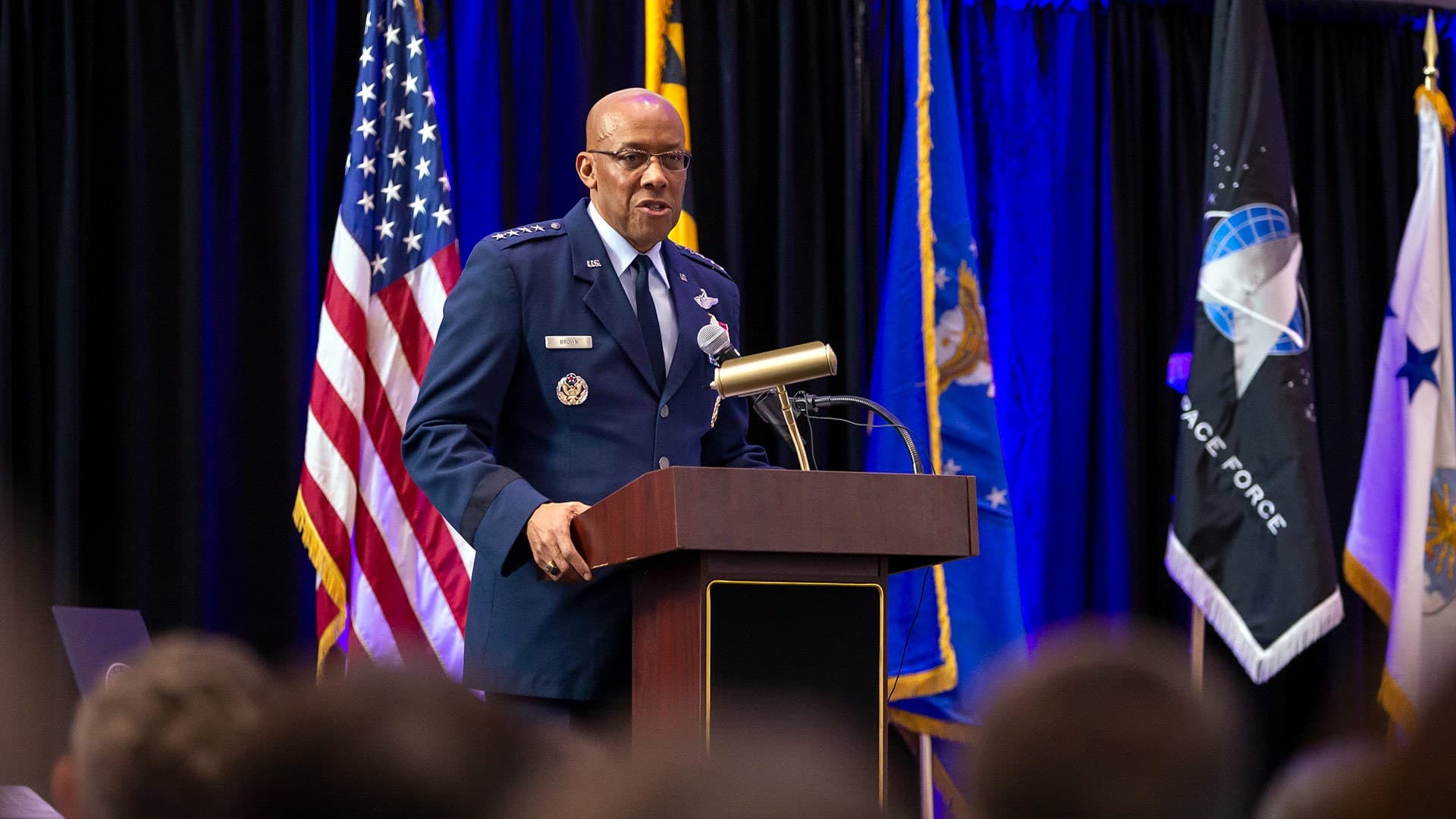 Air Force general gives remarks at podium