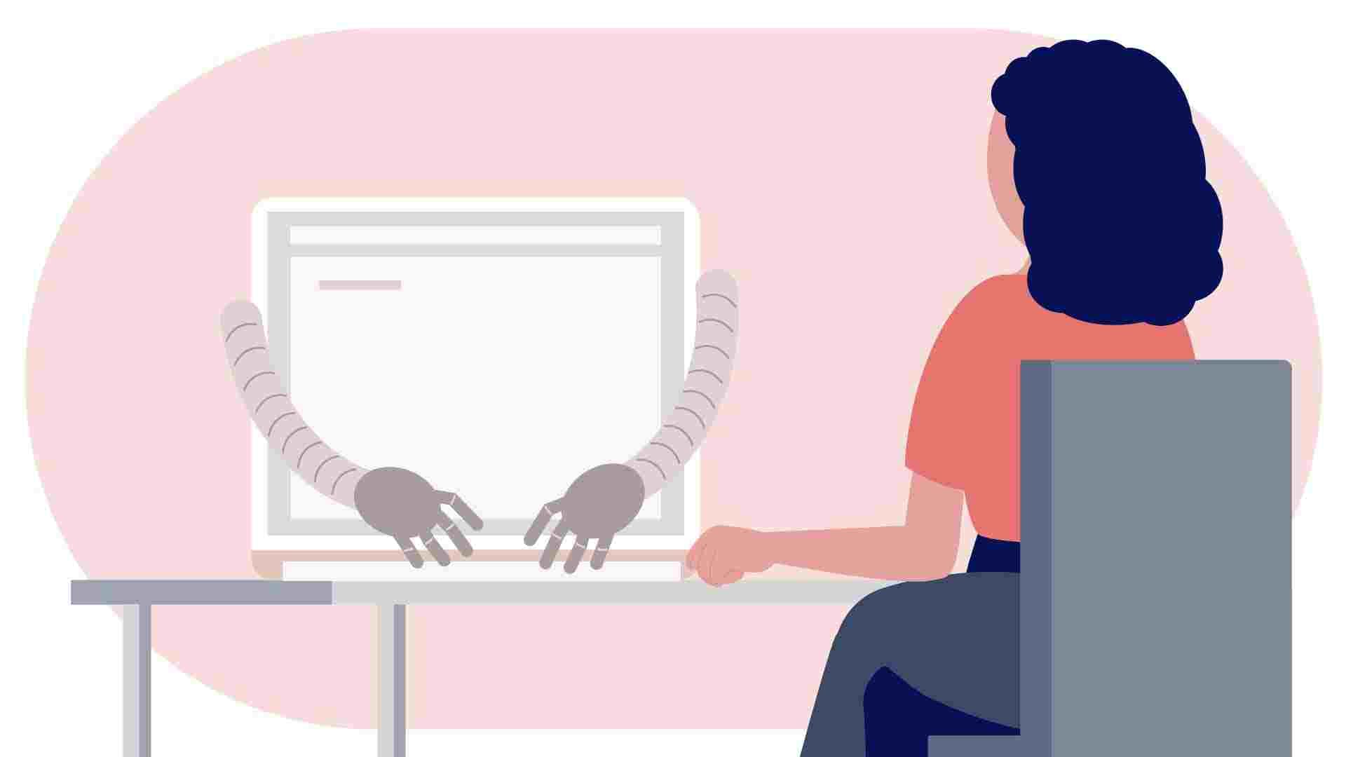 hands coming out of computer and typing while woman observes