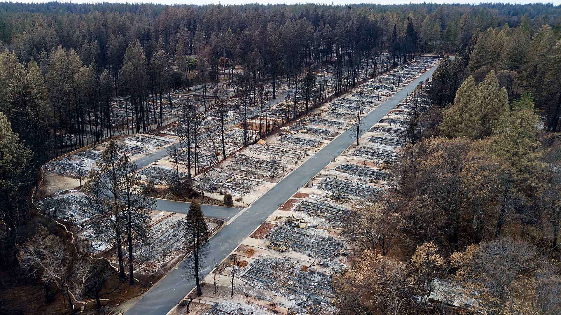 Homes leveled by the Camp Fire line the Ridgewood Mobile Home Park retirement community in Paradise, Calif., on Monday, Dec. 3, 2018.