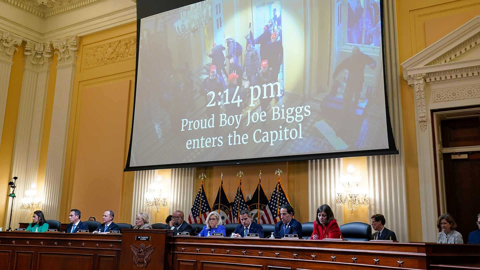 Video at the Jan. 6 hearings reads "2:14 p.m. Proud Boy Joe Biggs enters the Capitol"