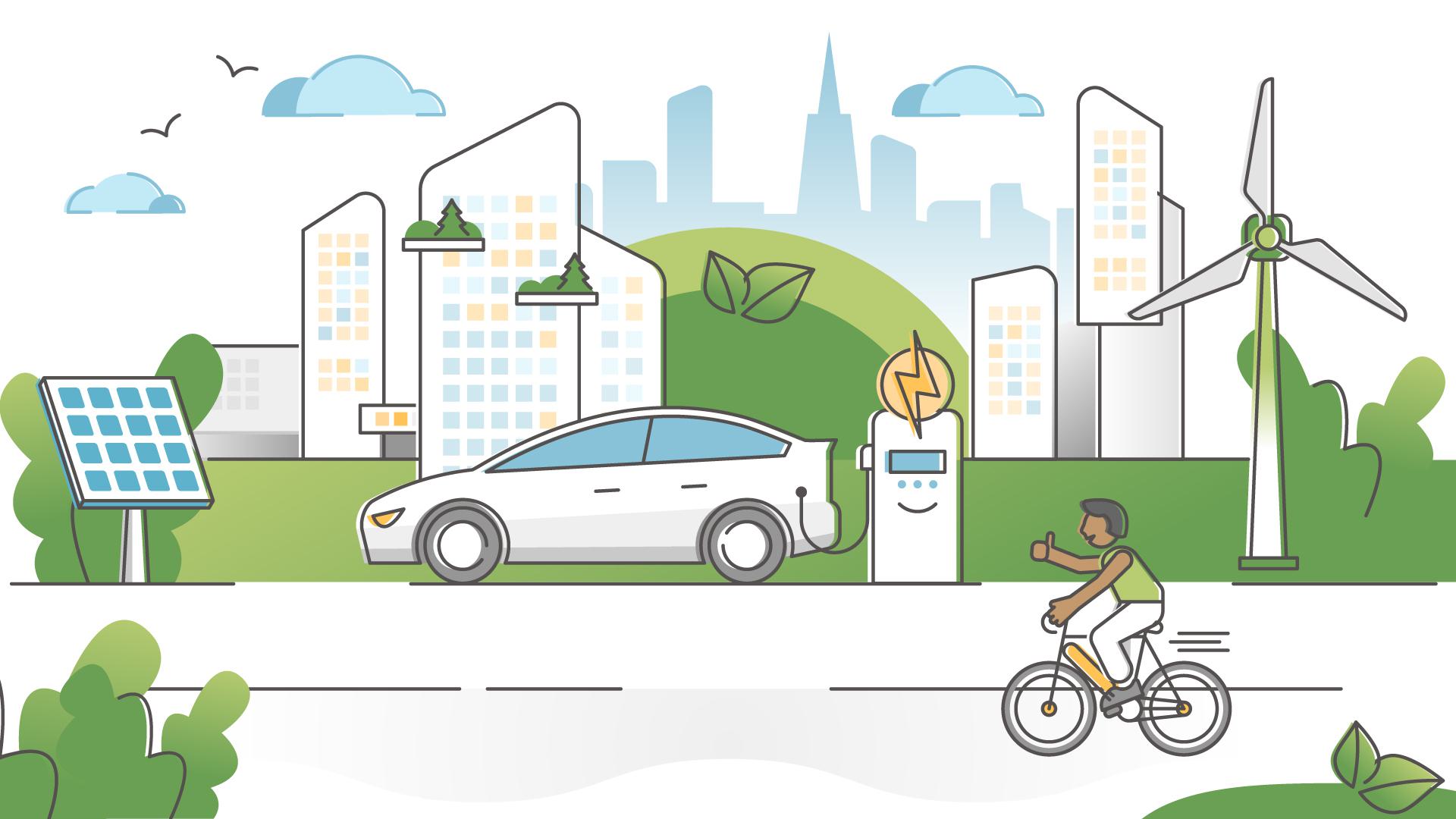 Illustration of car charging in a city with bikers and solar panels surrounding it