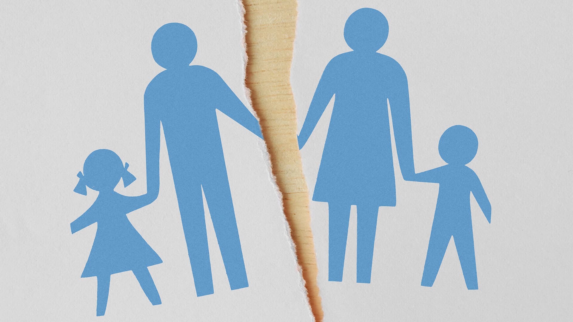 Illustration of stick-figure family on a piece of paper that is ripped in half