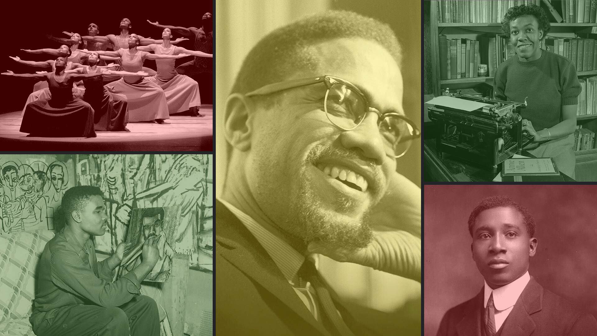 collage of Malcolm X, David C. Driskell, dancers performing, Gwendolyn Brooks and R. Nathaniel Dett