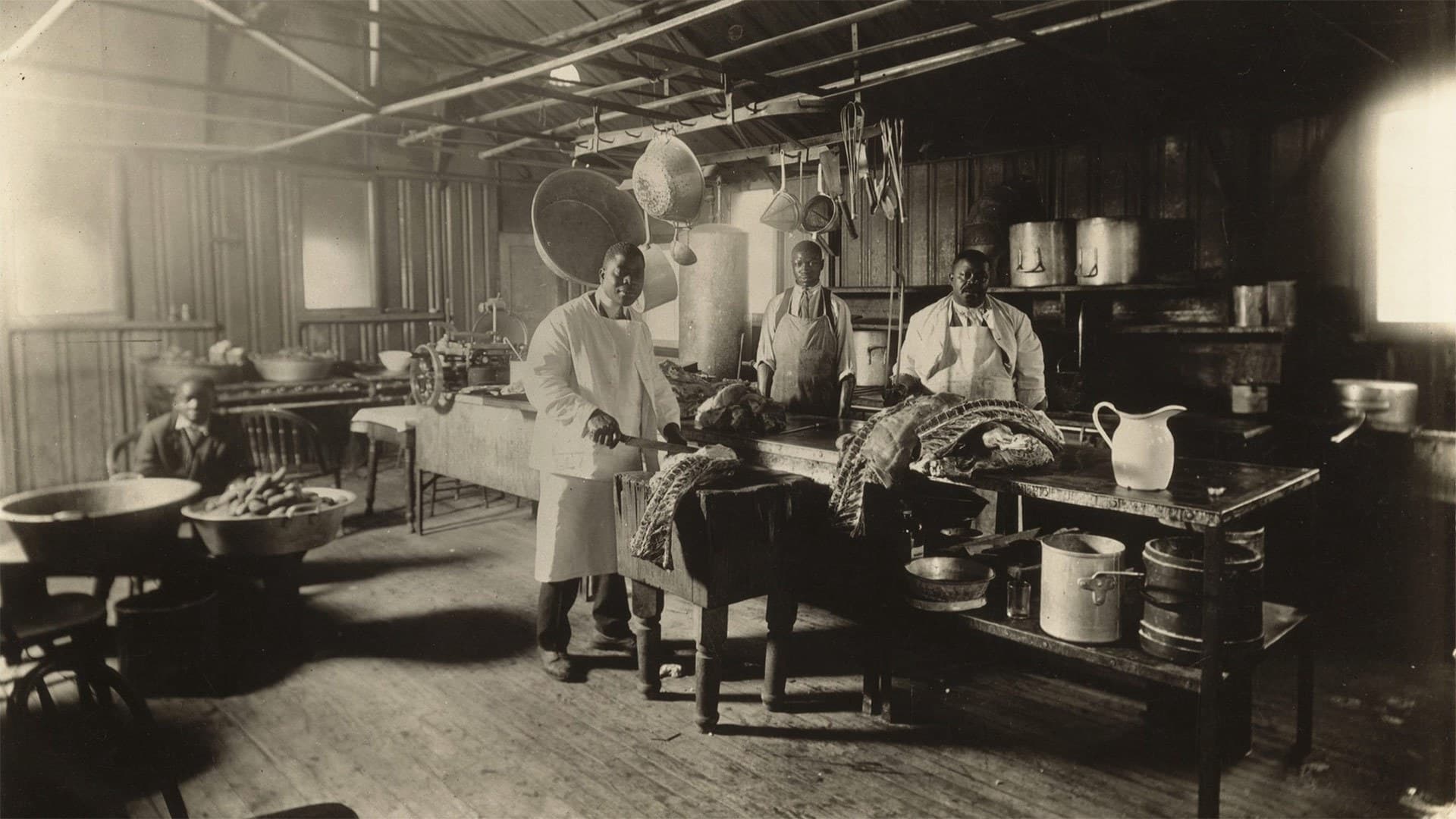 Charlie Dory, right, and staff in the Maryland Agricultural College kitchens, circa 1912