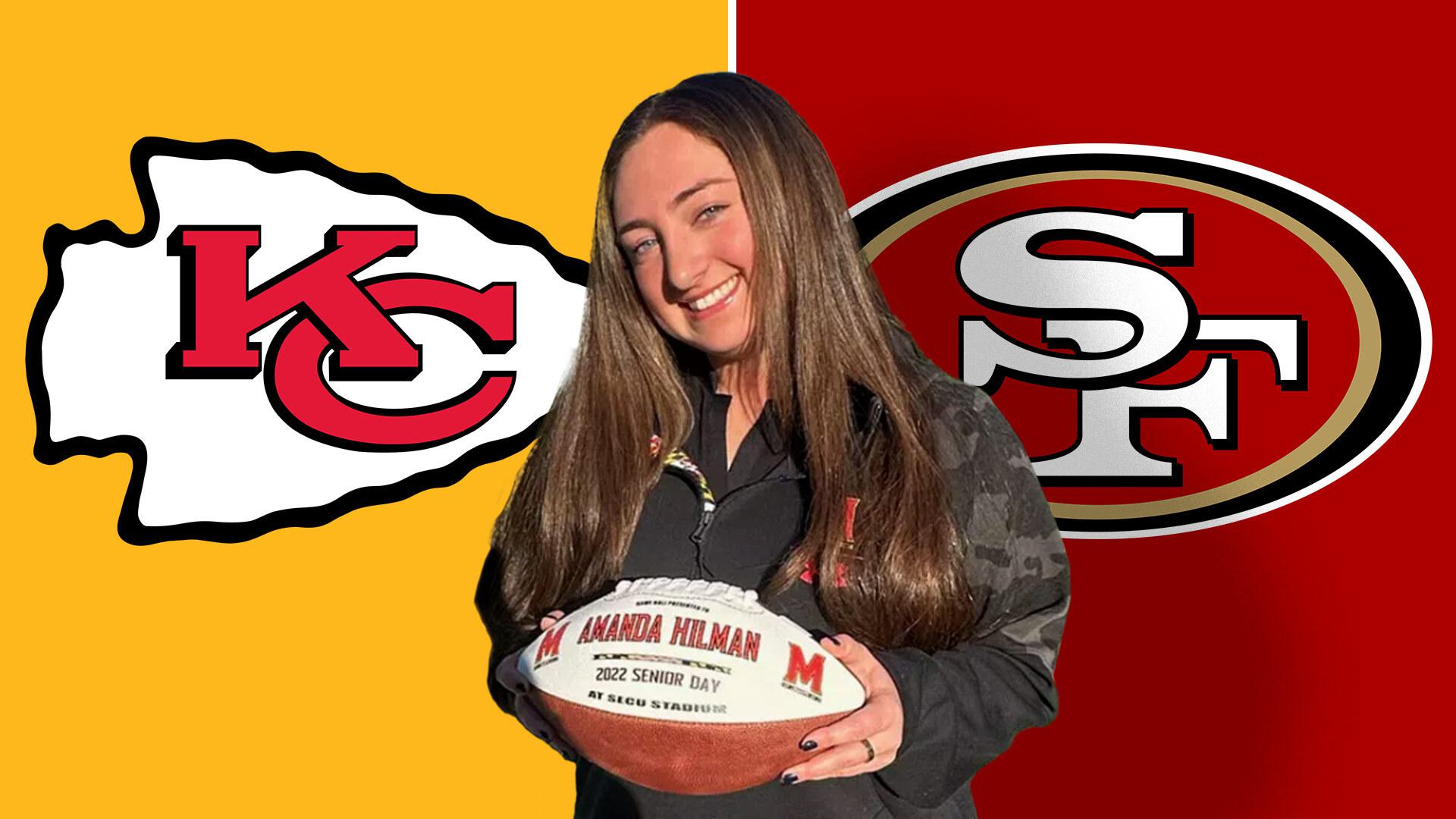 woman holds Maryland football with Kansas City Chiefs, San Francisco 49ers logos in background