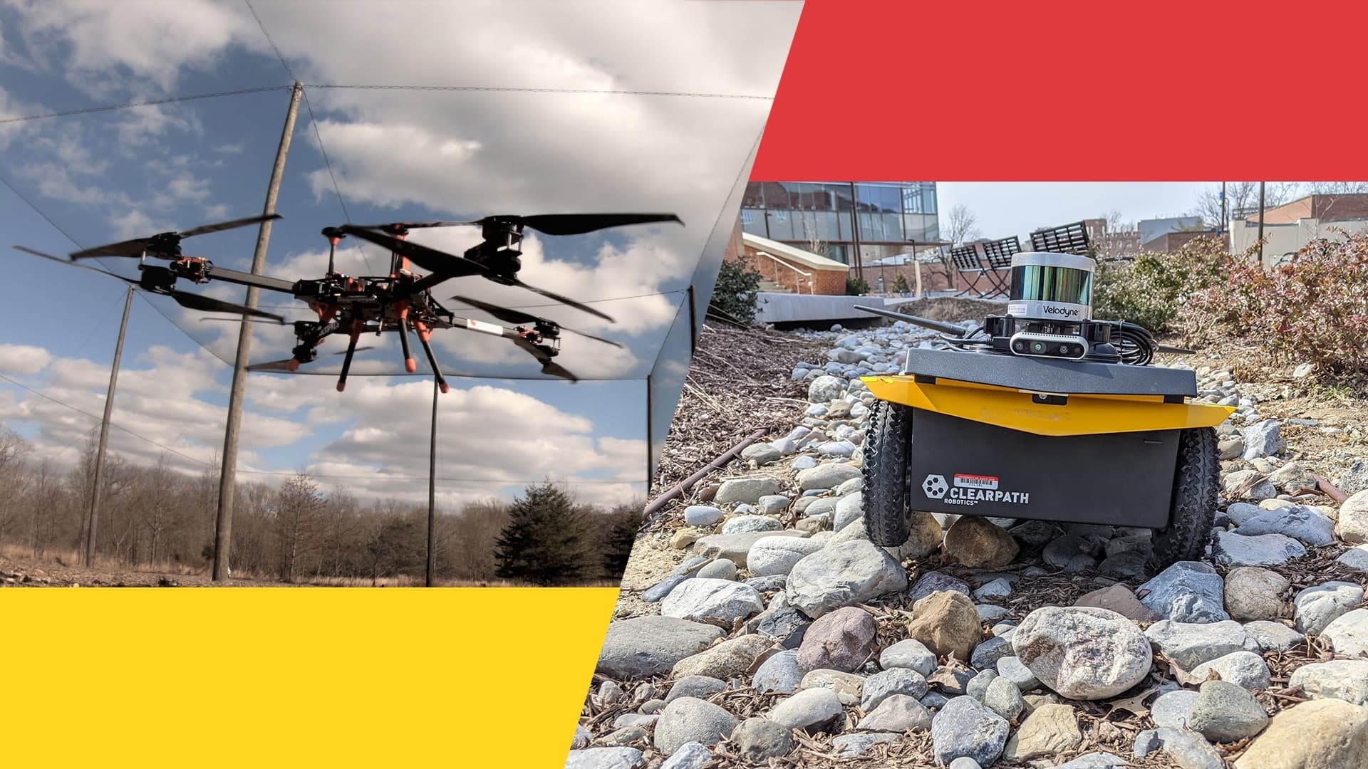 Aerial and ground robots in diverse situation.