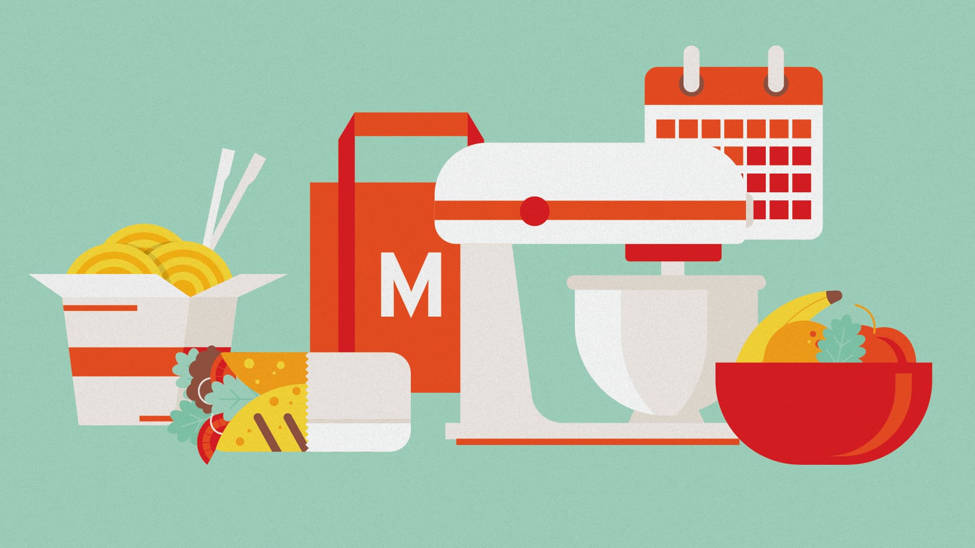 Illustration of noodles, burrito, M tote bag, kitchen mixer, calendar and bowl of fruit