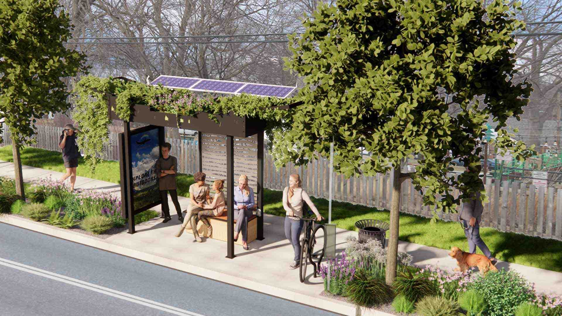 people sit in plant-topped bus shelter