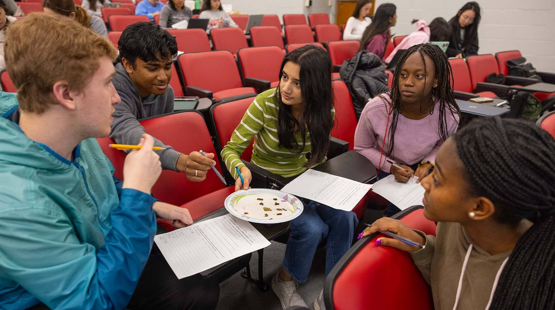 students gather around a paper plate with various herbs on it