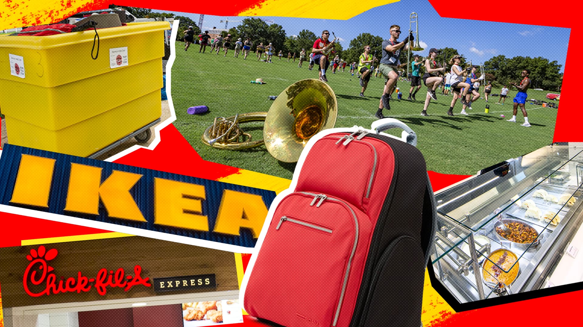 collage of yellow move-in cart, IKEA sign, Chick-fil-A sign, red backpack, marching band practice and dining hall spread