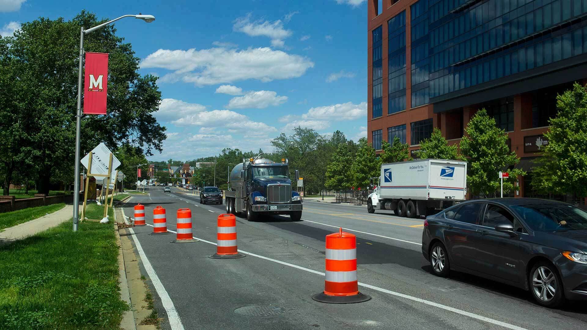 Baltimore Avenue with orange construction barrels