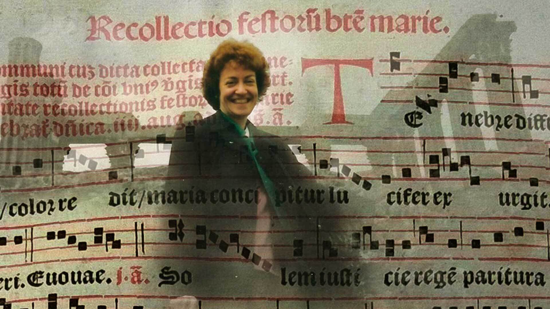 Collage of Barbara Haggh-Huglo and sheet music