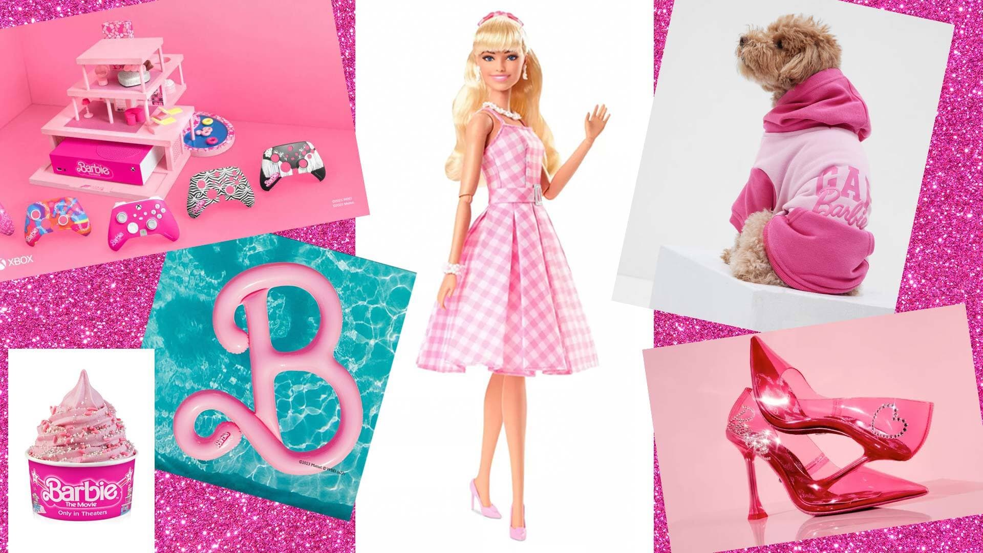 Barbie-themed merchandise, including frozen yogurt, a pool float, an Xbox, a doll, pink high heels, and a dog hoodie
