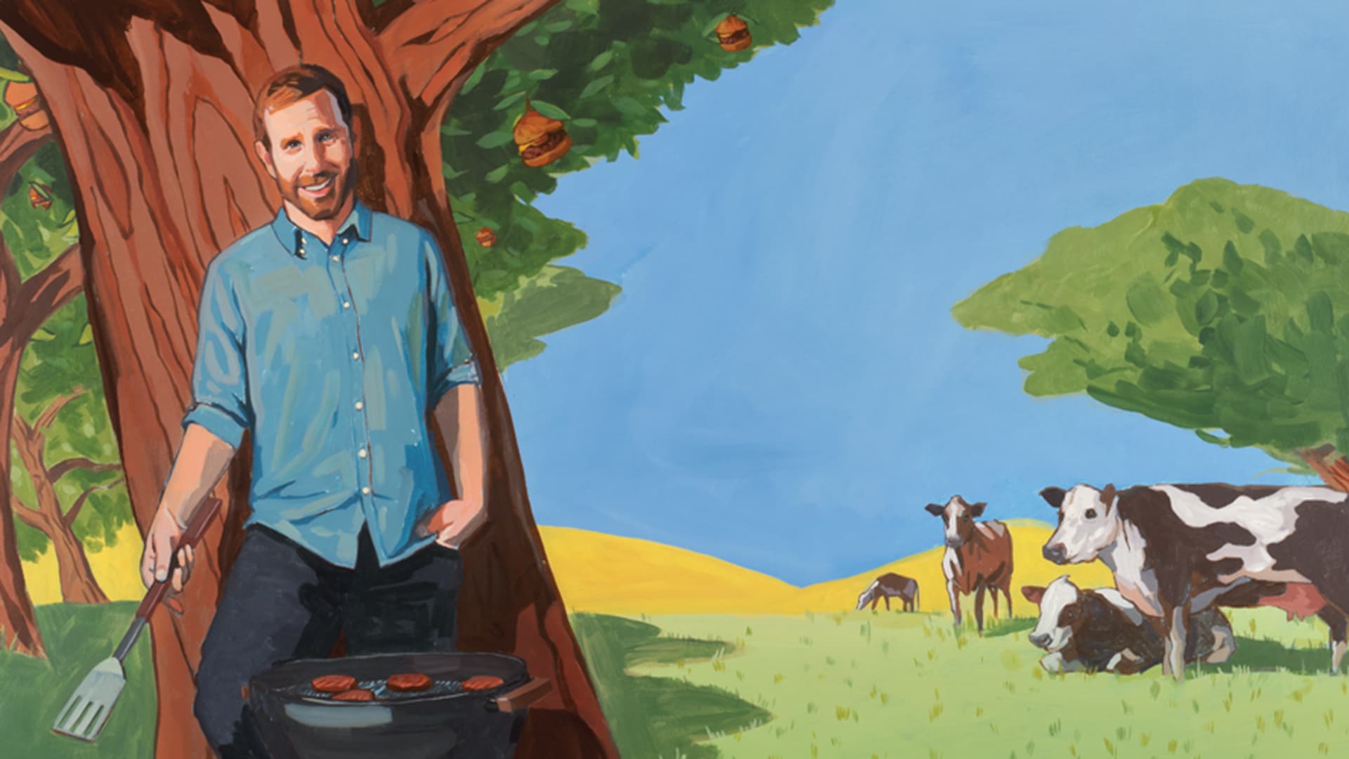 Illustration of Ethan Brown grilling burgers, surrounded by cows and burgers growing on trees