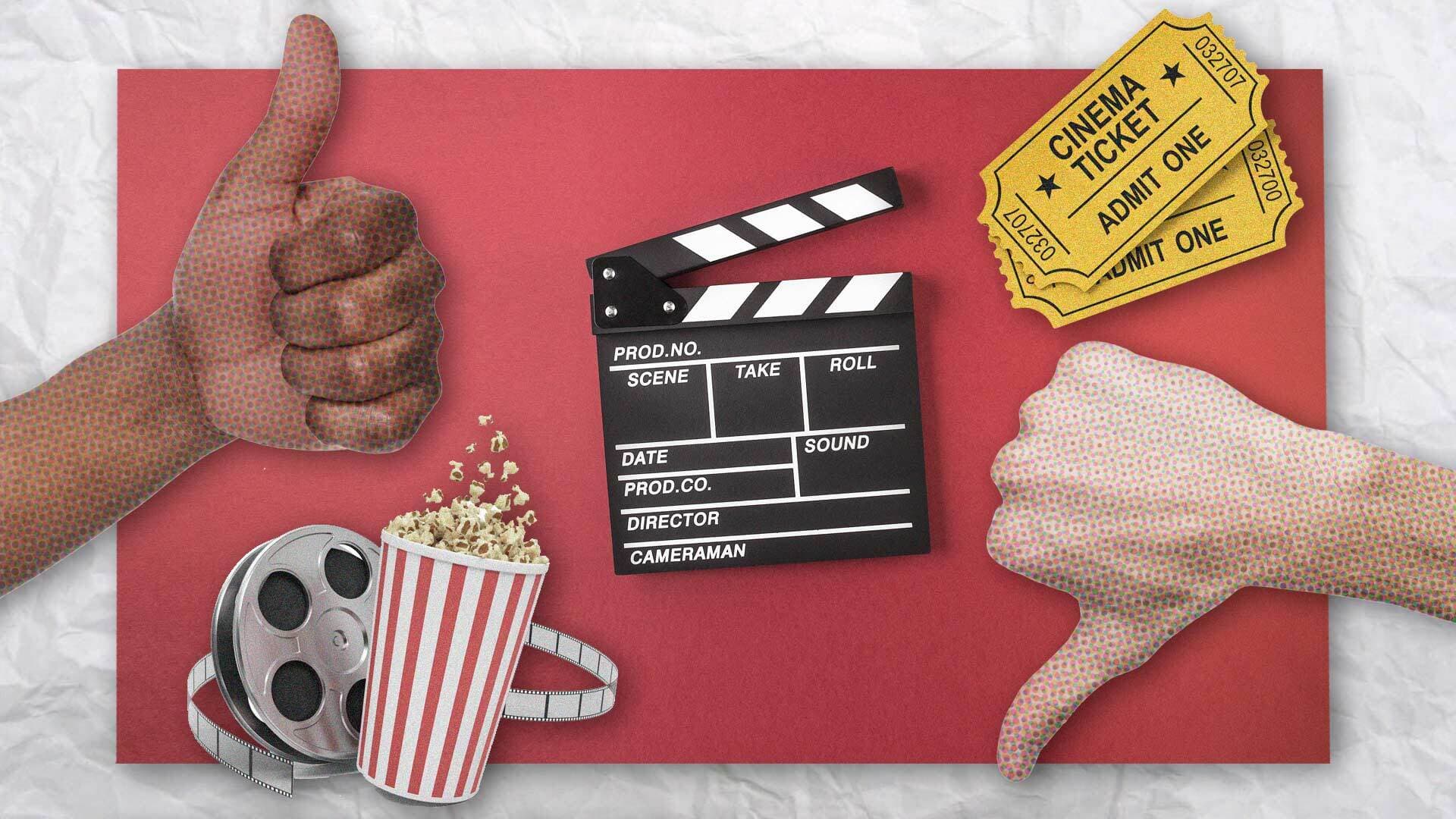 Collage of hands showing thumbs up and down, popcorn, a reel of film, movie tickets and a clapperboard