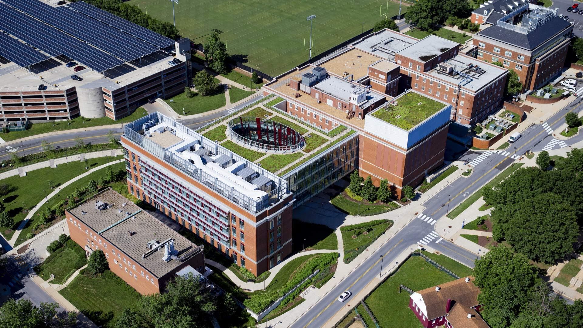 A roof garden on top of the Physical Sciences Complex and solar panels atop of Regent's Drive Garage both play a part in the University's drive to reduce greenhouse emissions.
