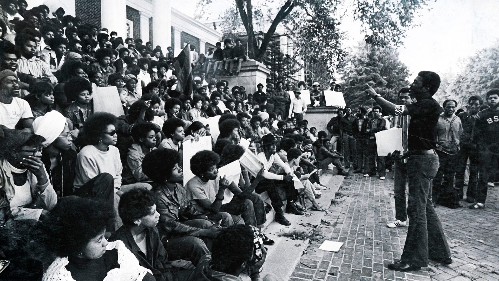 African American students demonstrate against the Vietnam War on the steps of the Main Administration Building