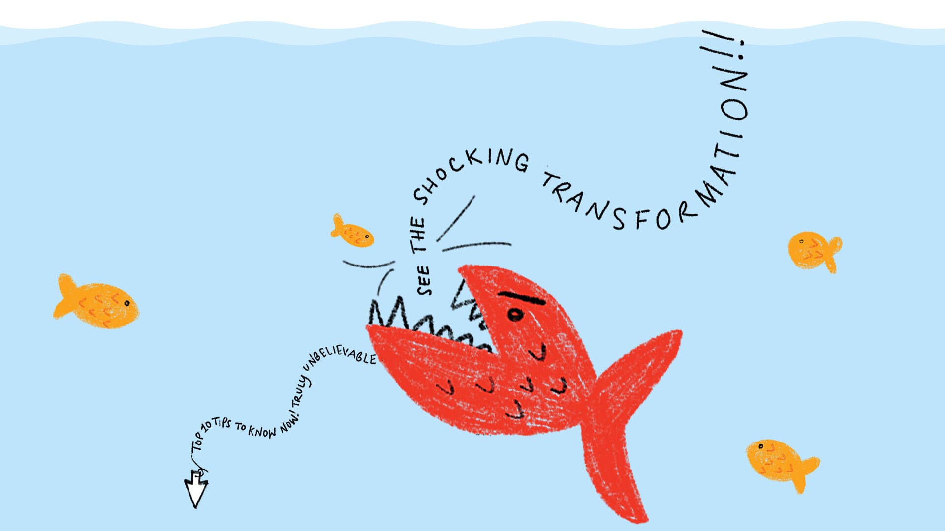 Illustration of fish biting clickbait phrases