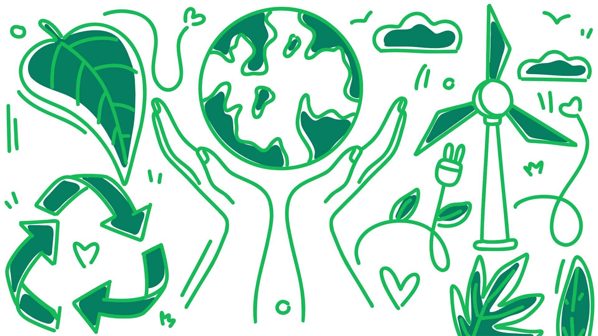 Green illustrations of leaves, recycle symbols, hands holding up a globe, clouds, windmills, electric cords