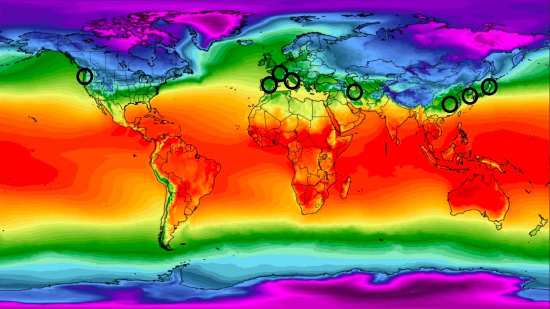 A world temperature map shows warmer (red) to cooler (violet) temperatures, with black circles representing areas of significant community transmission of COVID-19.