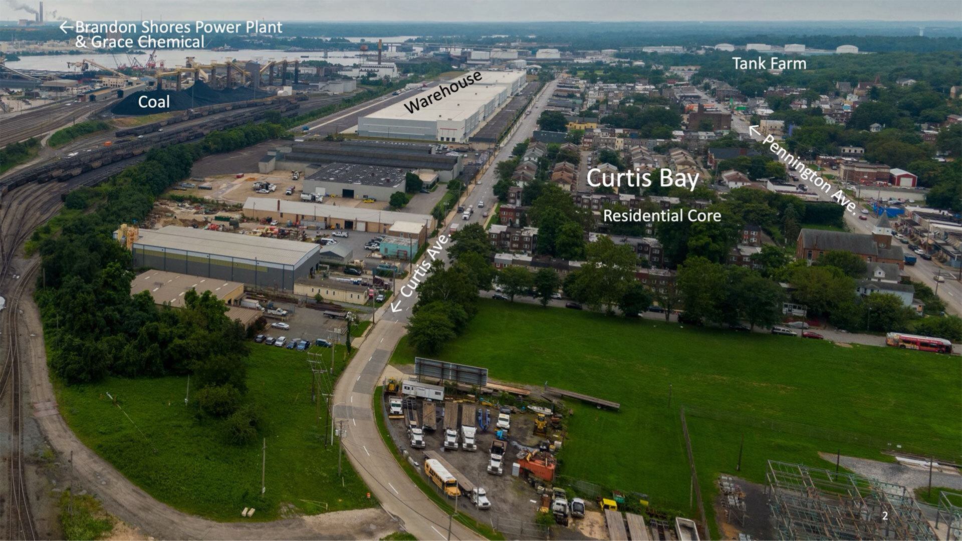 labeled aerial view of Curtis Bay
