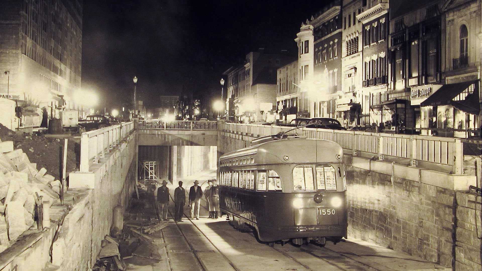 trolley emerging from tunnel under Dupont CIrcle