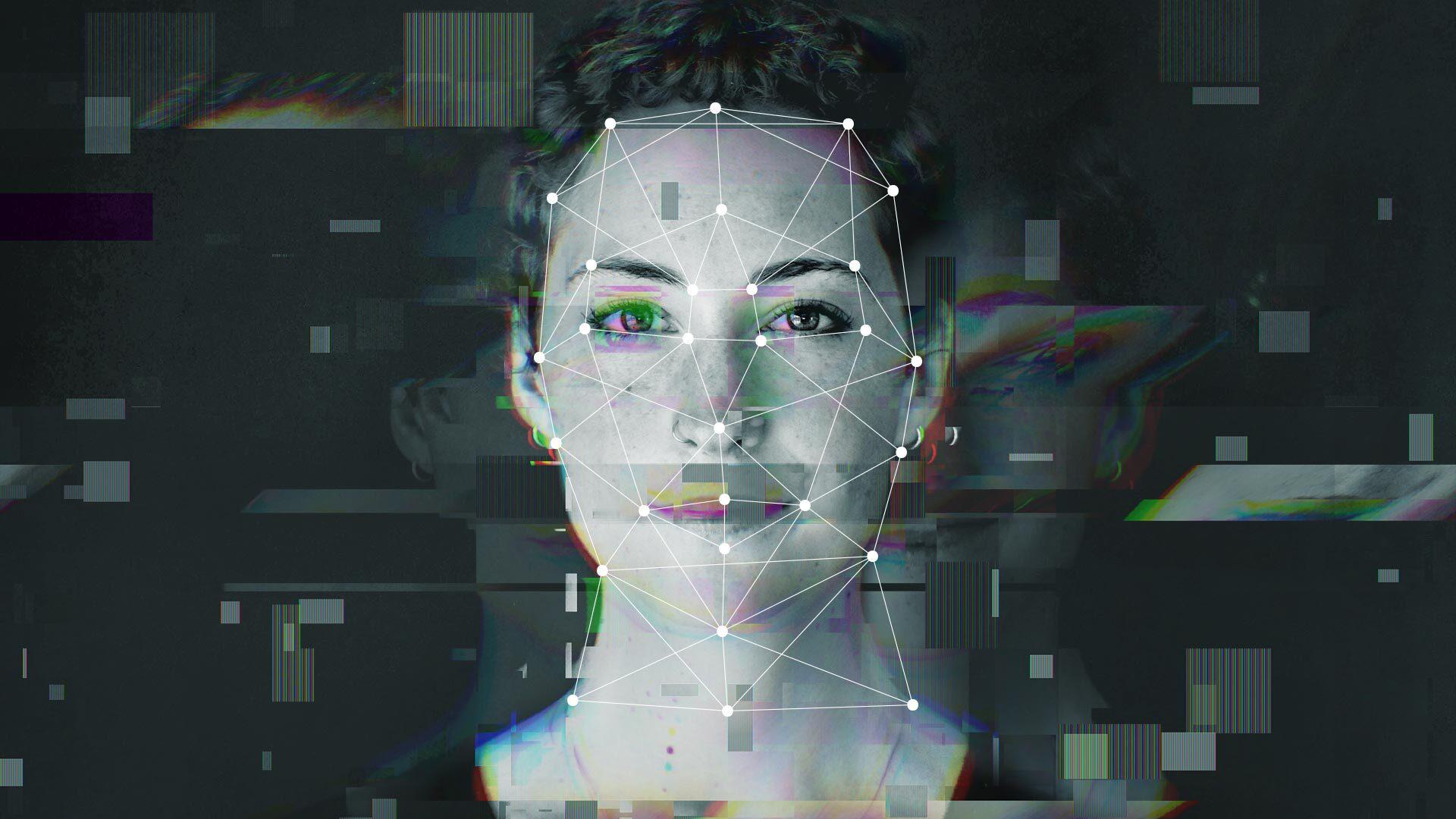 photo illustration of women's face overlain by computer imagery that evokes AI processing