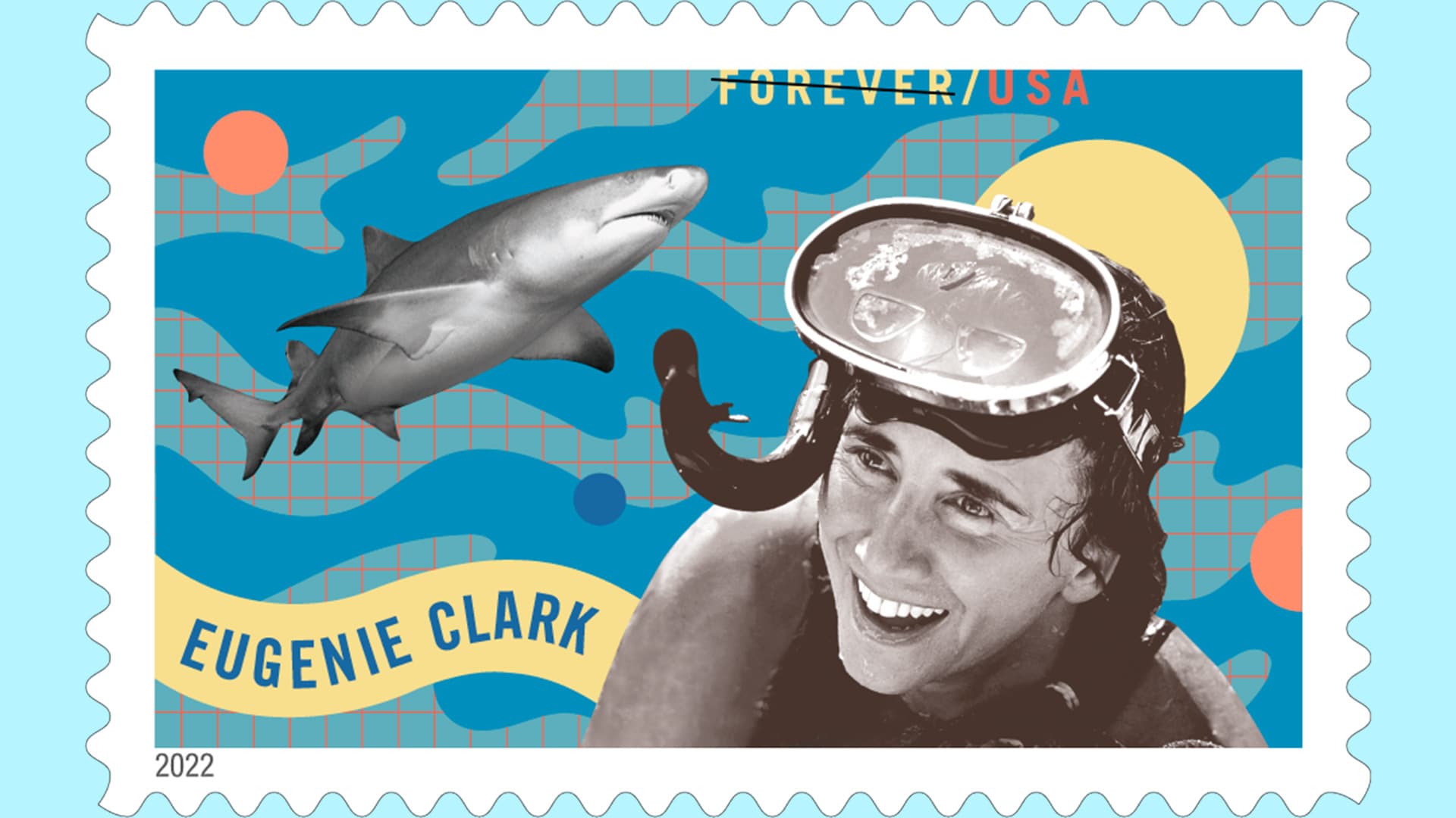 Eugenie Clark in black and white wearing a snorkel on a blue Forever USA stamp with a black and white shark next to her