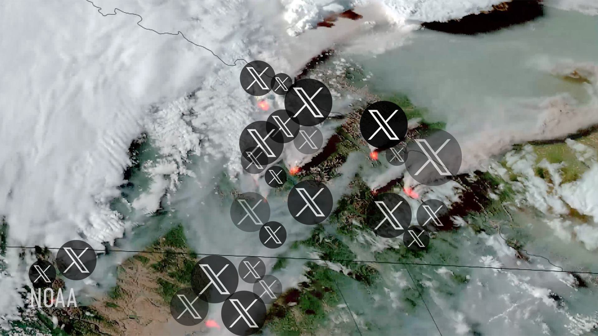 Photo illustration of X/twitter logos over a fiery satellite image