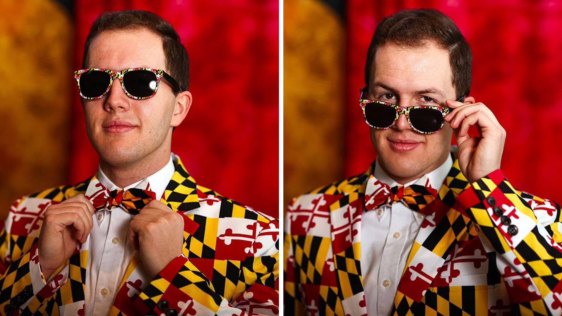 Portraits of Thomas Canary wearing Maryland flag suit and sunglasses