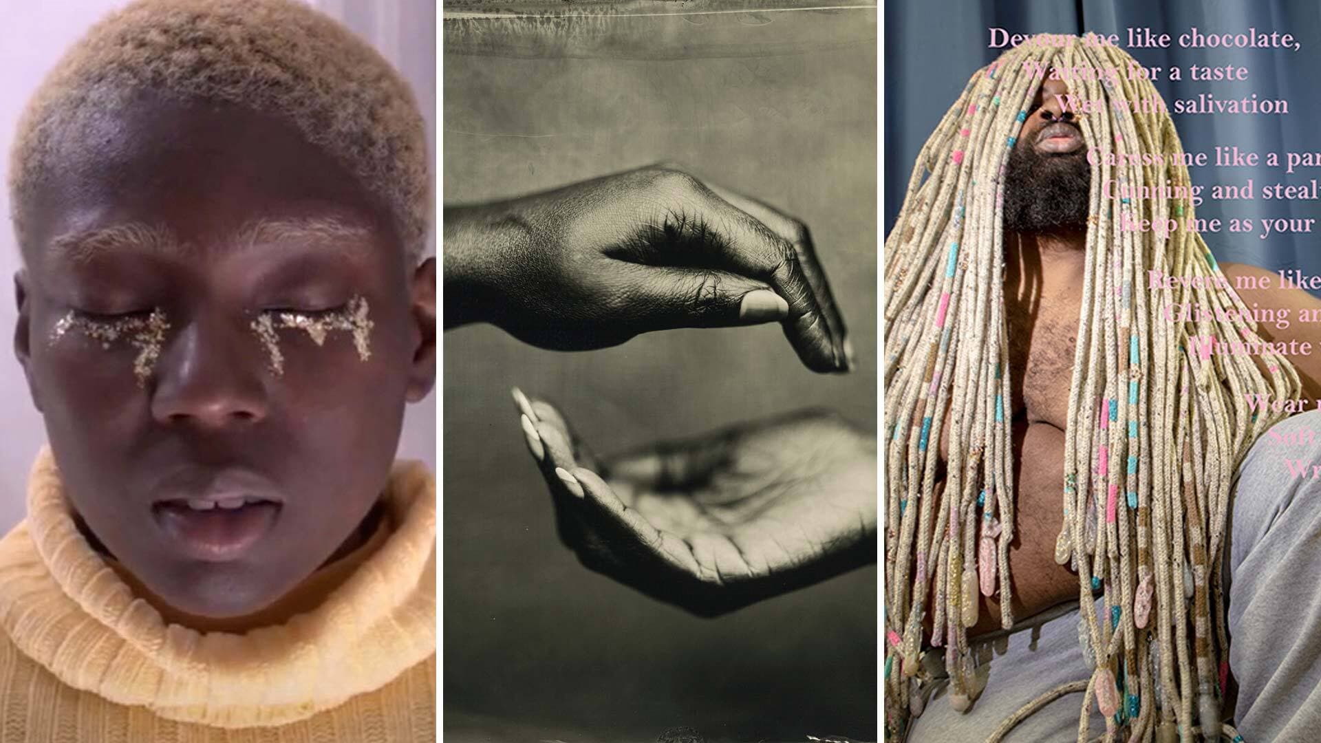 Collage of three pieces from "In Focus: Representations of Black Womanhood" exhibit: “Body Study Ego,” “Revolving Points” and “Black Girl Bitter”