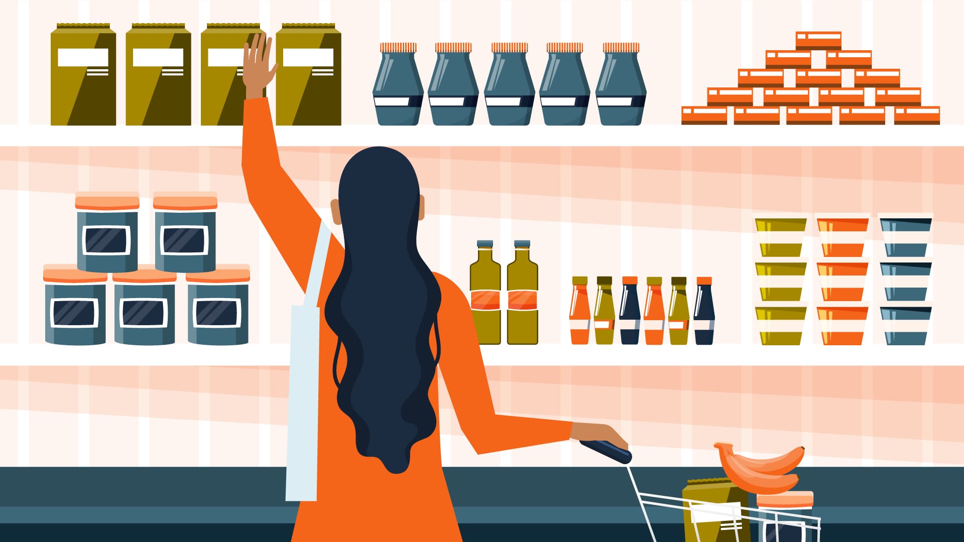 Illustration of woman reaching for food on a store shelf