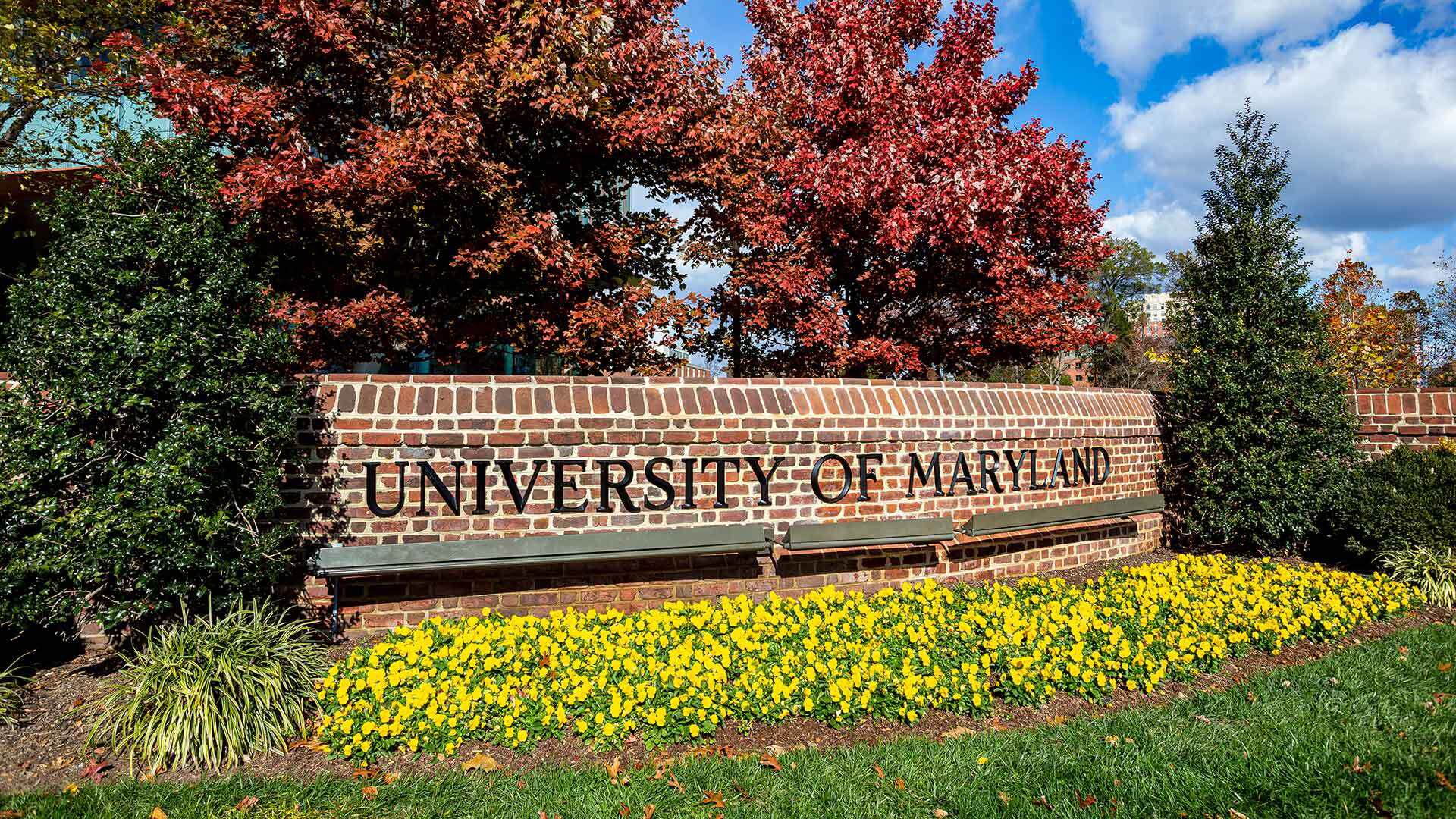 University of Maryland on a brick wall surrounded by trees and flowers