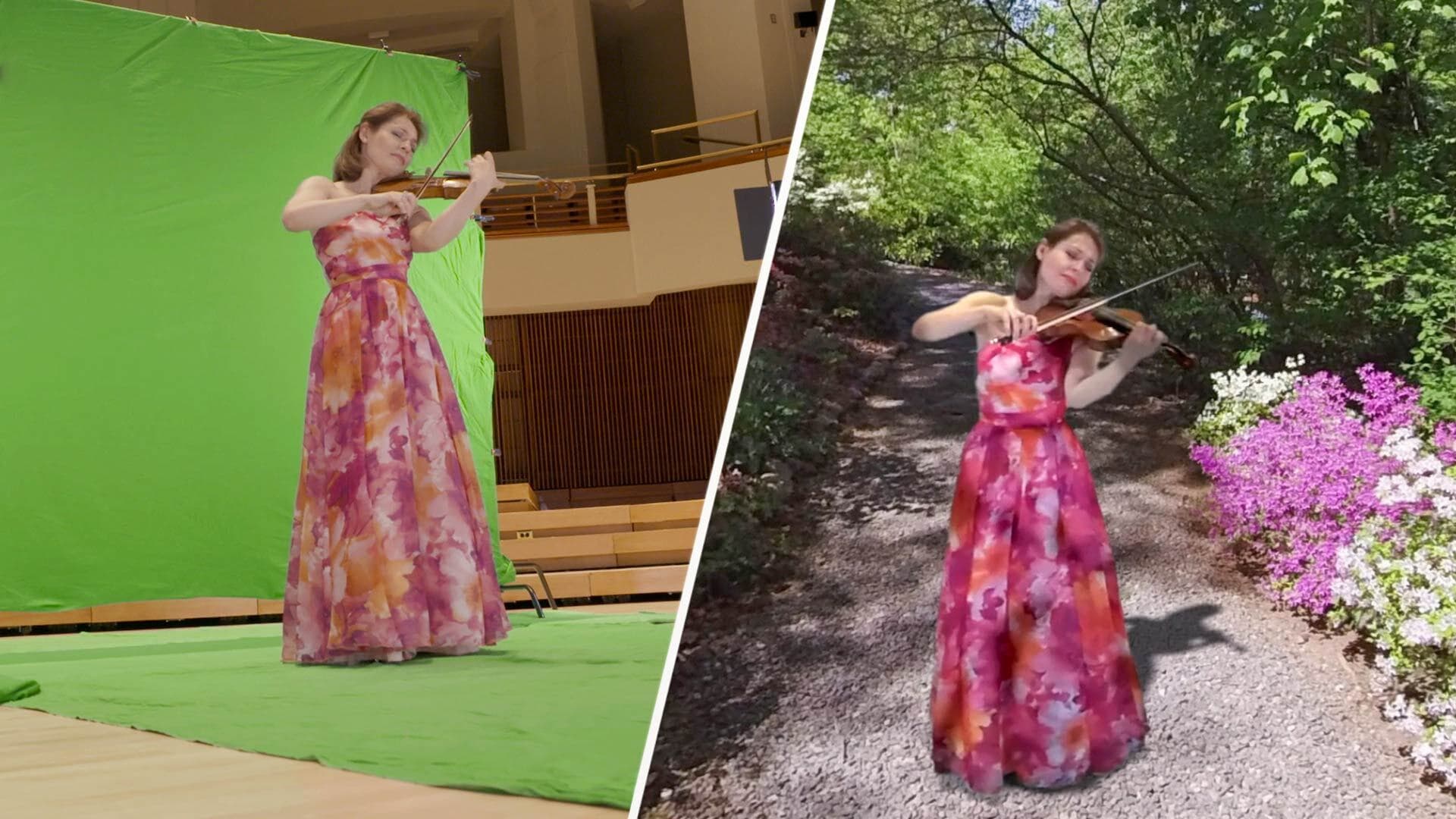 Split shot of Irina Muresanu playing violin in front of green screen