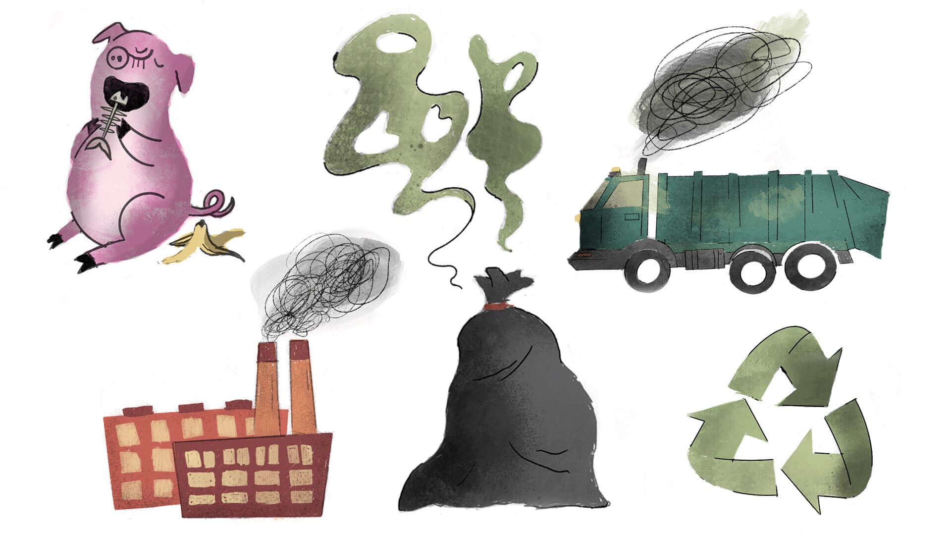 Illustrations of a pig eating, a smoking factory, a smelly garbage bag, a garbage truck, and the recycle symbol