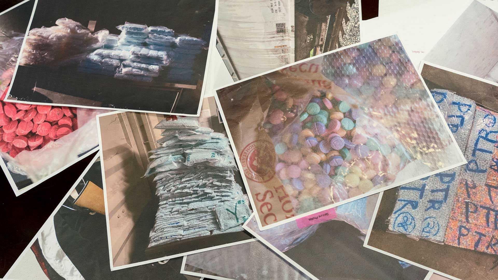 photographs of seized fentanyl, weapons and other illicit drugs