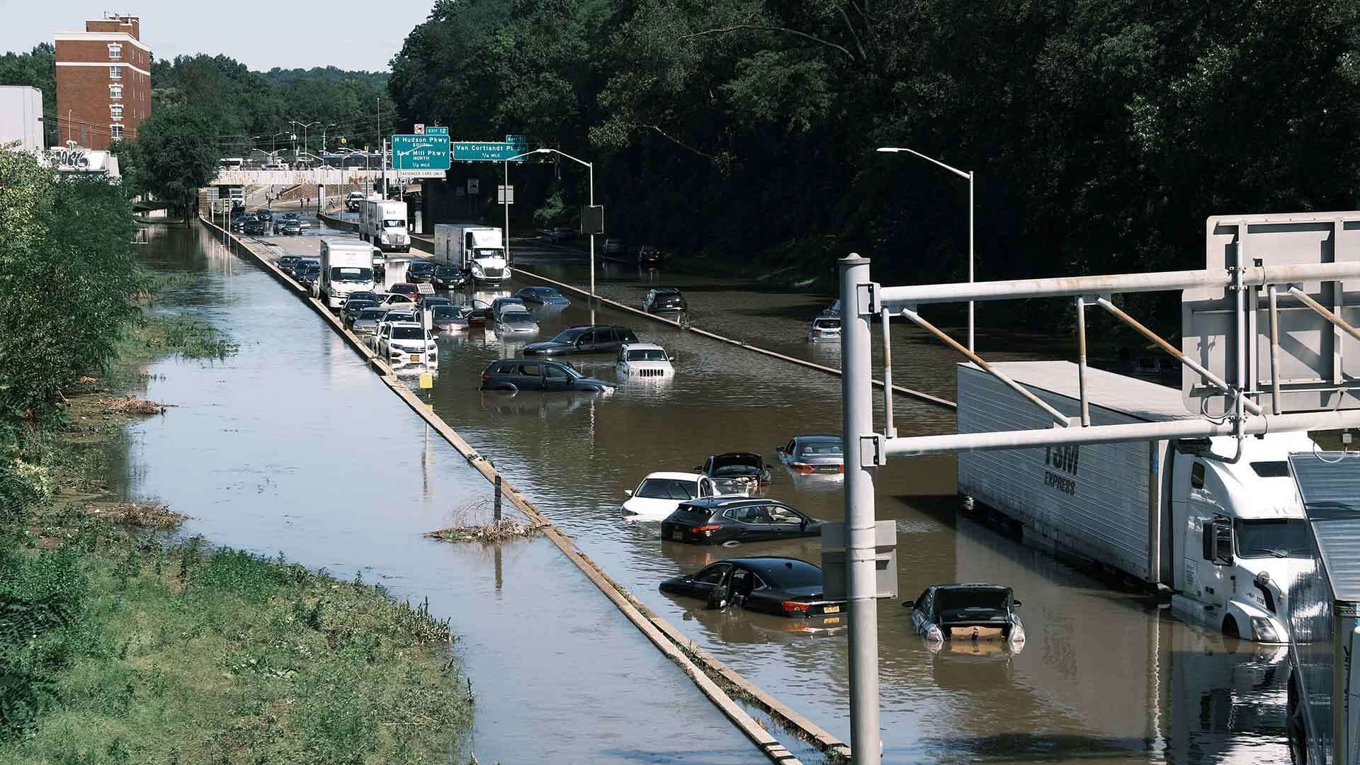 Cars in a flooded roadway