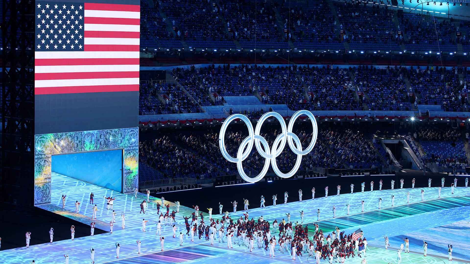 Team USA carries flag during opening ceremony of the Olympics