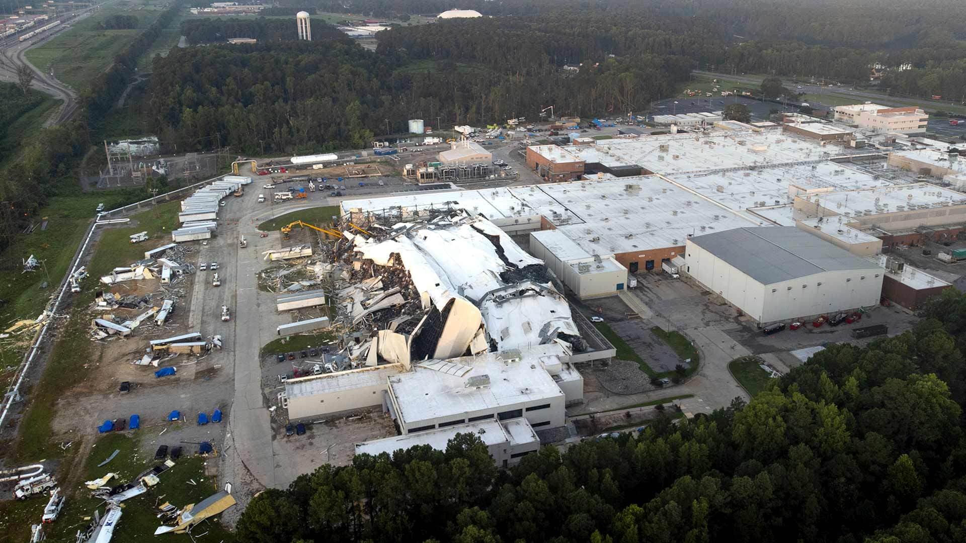 aerial view of tornado-damaged Pfizer facility