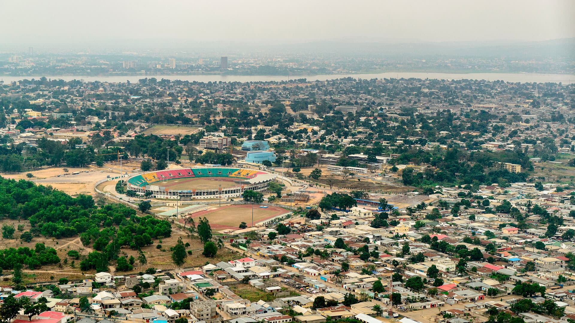 Aerial view of Brazzaville with the Congo River and Kinshasa, Capital of Democratic Republic of the Congo in the background