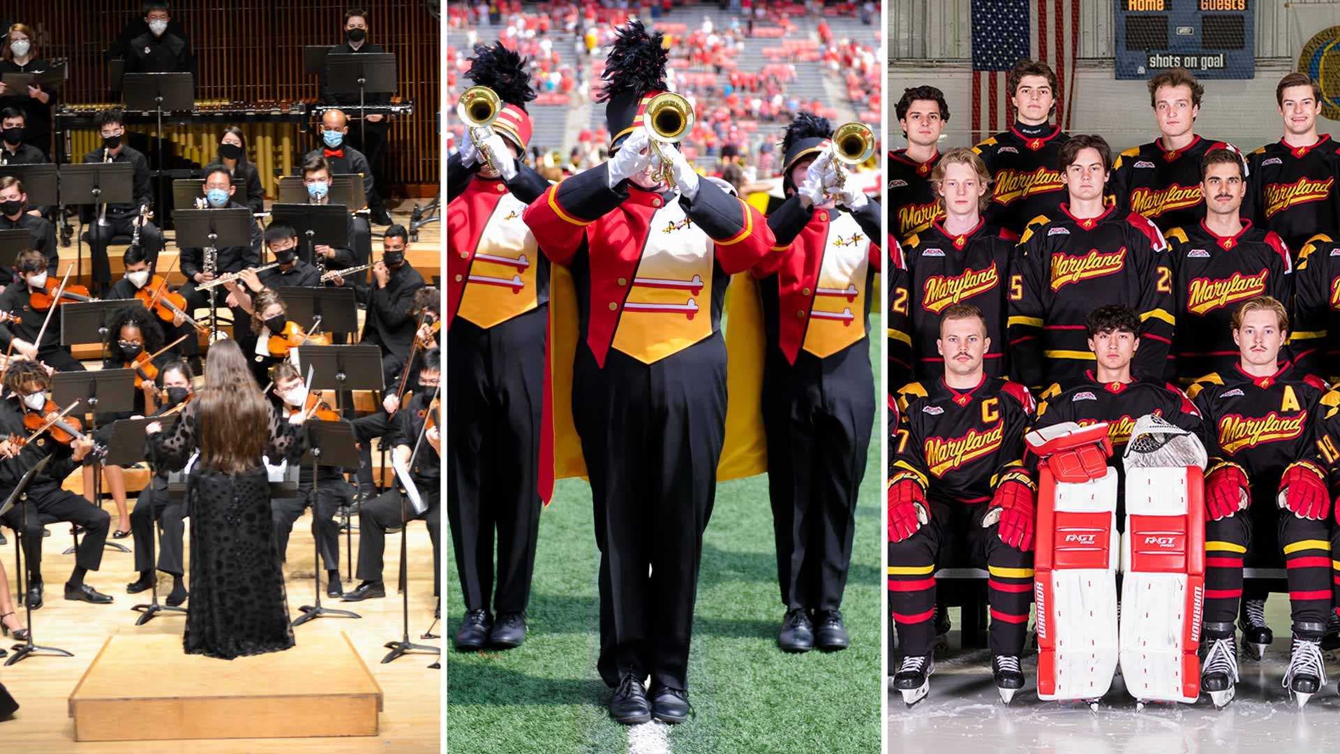 Gamer Symphony Orchestra performs; trumpet players from the Mighty Sound of Maryland play on the field; UMD's hockey club team on the ice